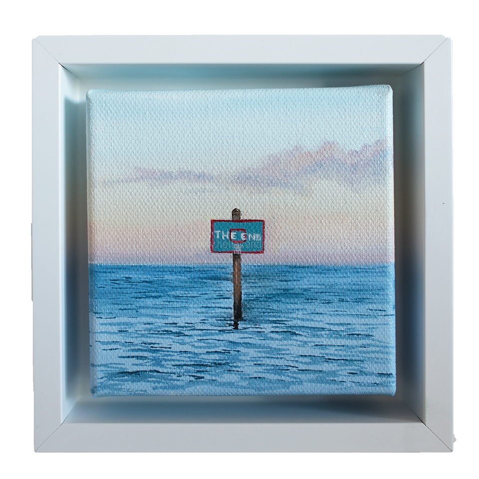 Mini #48 original coastal marker oil painting framed in white — calm blue ocean and pastel sunset sky by artist Candace Ceslow