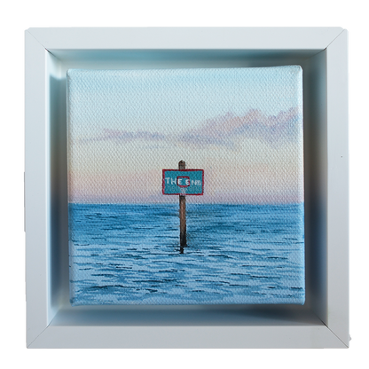 Mini #48 original coastal marker oil painting framed in white — calm blue ocean and pastel sunset sky by artist Candace Ceslow