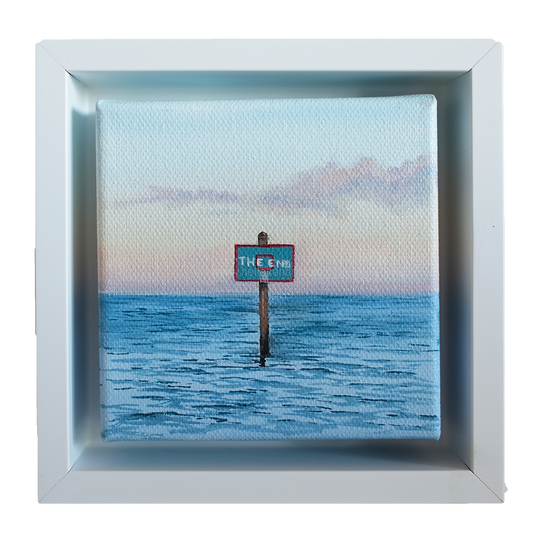 Mini #48 original coastal marker oil painting framed in white — calm blue ocean and pastel sunset sky by artist Candace Ceslow