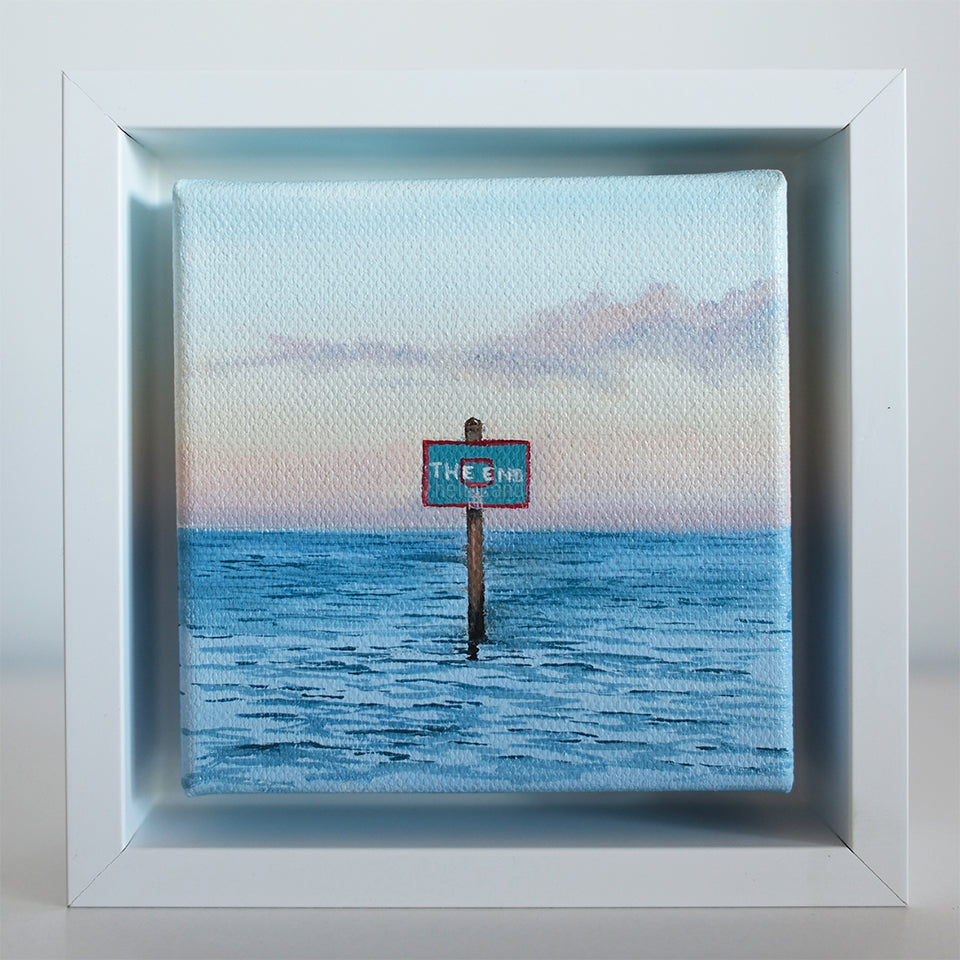 Framed original mini seascape featuring a marker in the ocean at sunset — painting by Candace Ceslow.