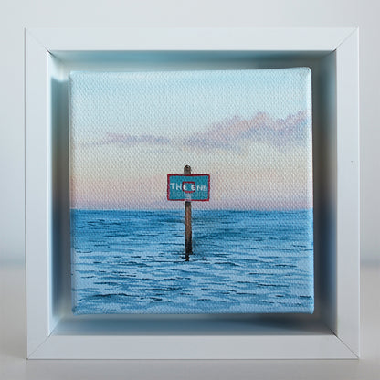 Framed original mini seascape featuring a marker in the ocean at sunset — painting by Candace Ceslow.