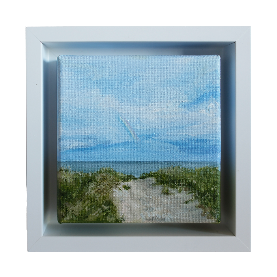Mini #51 original coastal oil painting by Candace Ceslow — sandy beach path, ocean horizon, and faint rainbow, framed in white shadowbox.