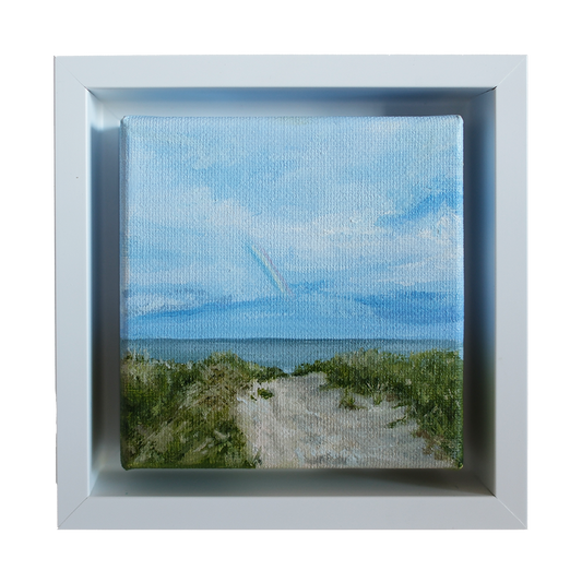 Mini #51 original coastal oil painting by Candace Ceslow — sandy beach path, ocean horizon, and faint rainbow, framed in white shadowbox.
