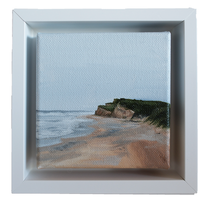 Original 4x4 Montauk clay cliffs oil painting framed in white — coastal shoreline artwork by Candace Ceslow.
