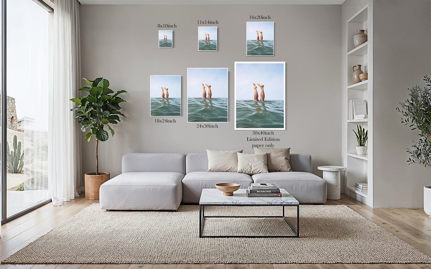 Double Dipped 3 playful ocean dive art print size comparison chart from 8x10 to 30x40 inch limited edition, shown in a living room