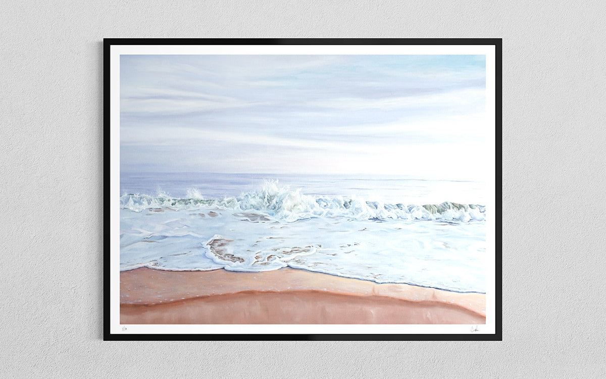 Dreamy Sunset ocean wave art print in a black frame, coastal seascape by Candace Ceslow