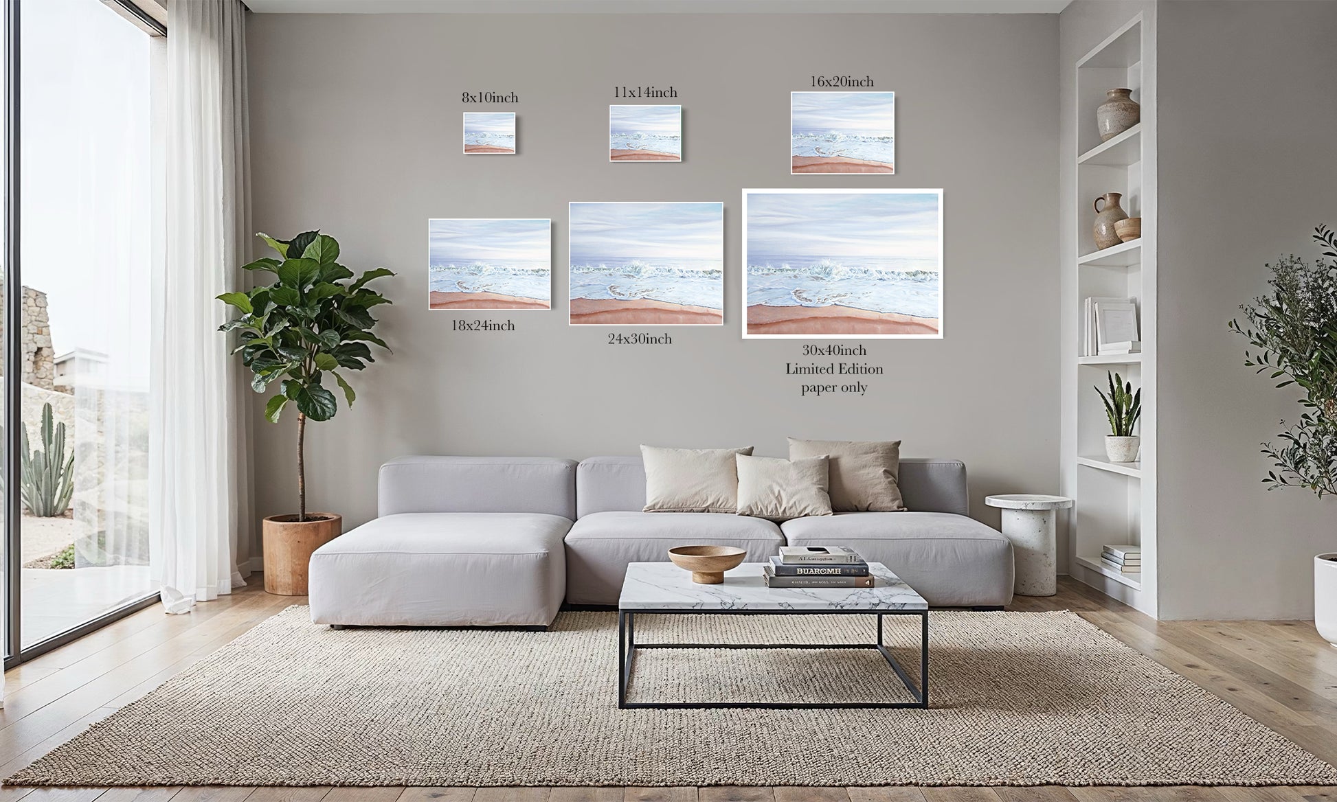 Dreamy Sunset ocean art print size comparison chart from 8x10 to 30x40 inch limited edition, shown in a living room