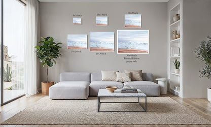 Dreamy Sunset ocean art print size comparison chart from 8x10 to 30x40 inch limited edition, shown in a living room