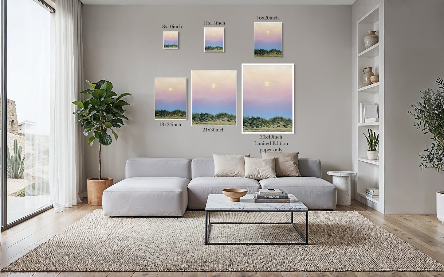 Dune Moon full moon sky art print size comparison chart from 8x10 to 30x40 inch limited edition, shown in a living room