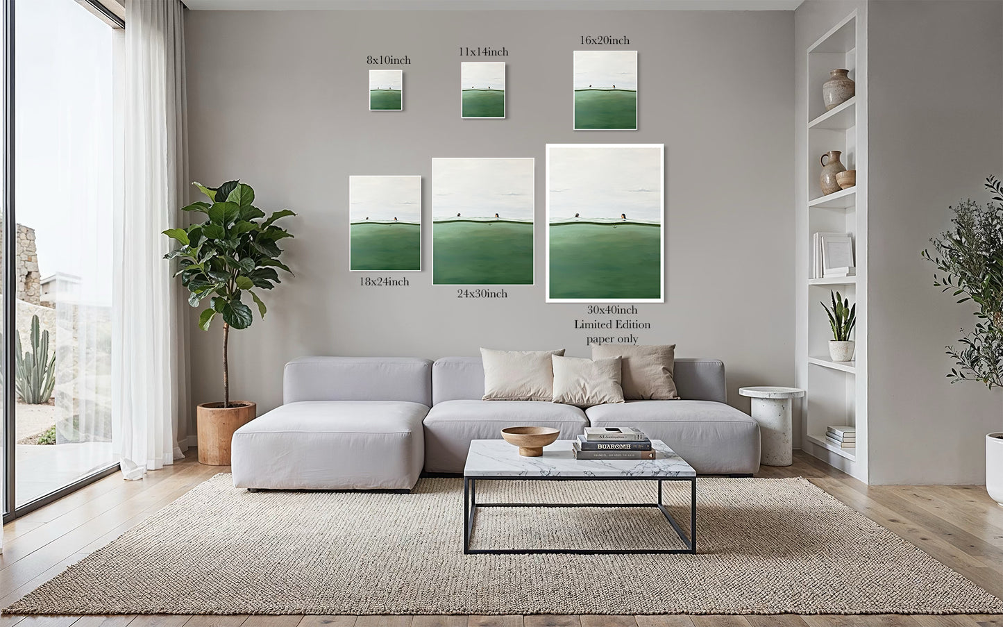 Floating Into The Unknown ocean swimmers art print size comparison chart from 8x10 to 30x40 inch limited edition, shown in a living room