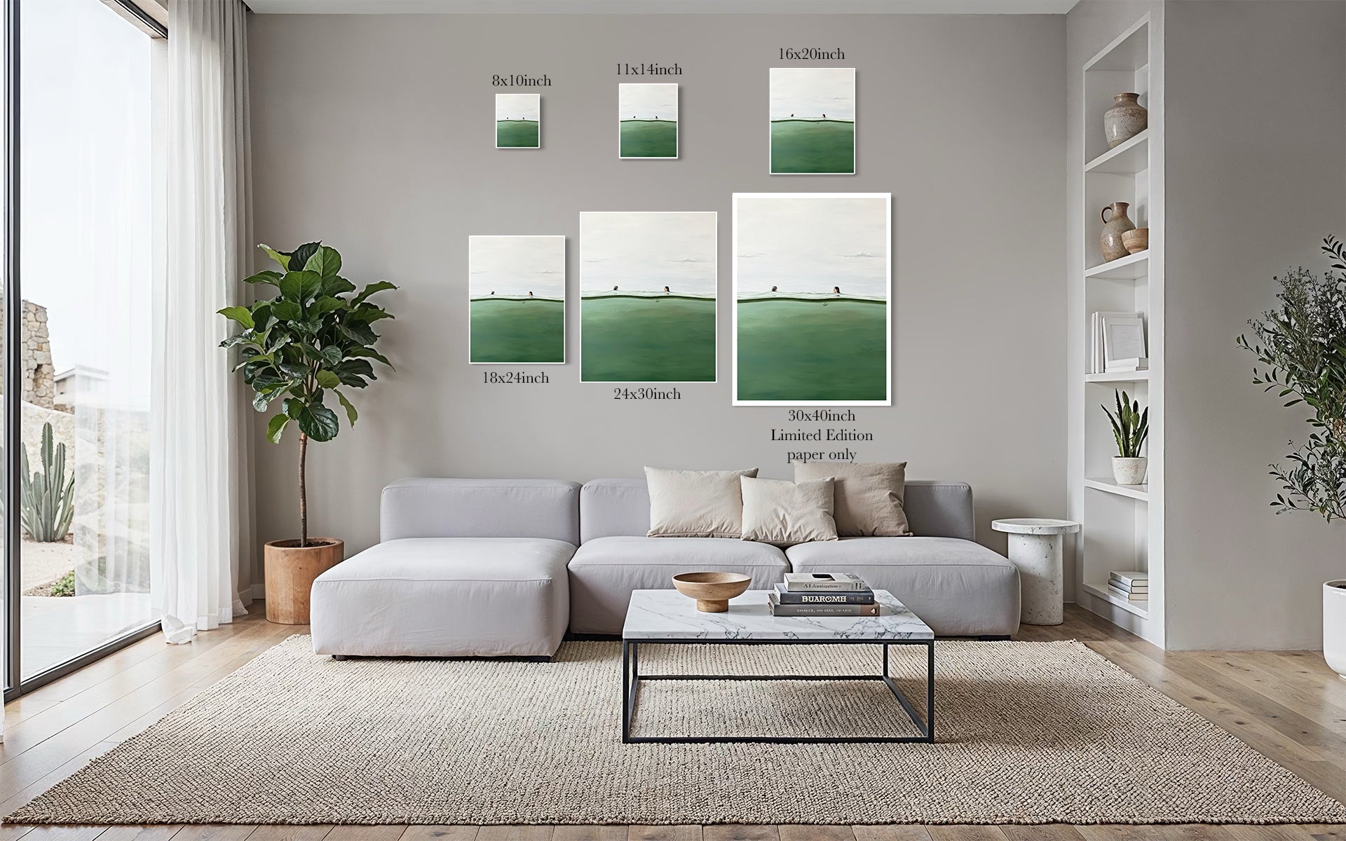Floating Into The Unknown ocean swimmers art print size comparison chart from 8x10 to 30x40 inch limited edition, shown in a living room