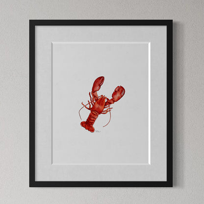 Framed artwork of a red lobster on a gray background
