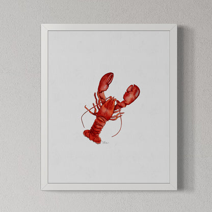 Framed artwork of a red lobster on a light gray background