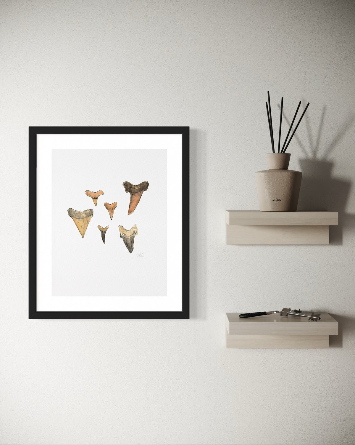 Shark Teeth watercolor art print in a frame, coastal fossil art by Candace Ceslow