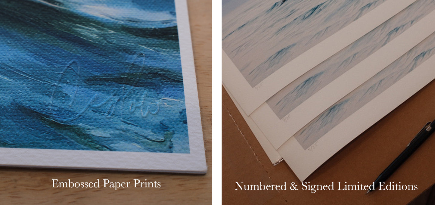 Comparison of embossed open edition paper prints and signed, numbered limited edition ocean art prints by Candace Ceslow