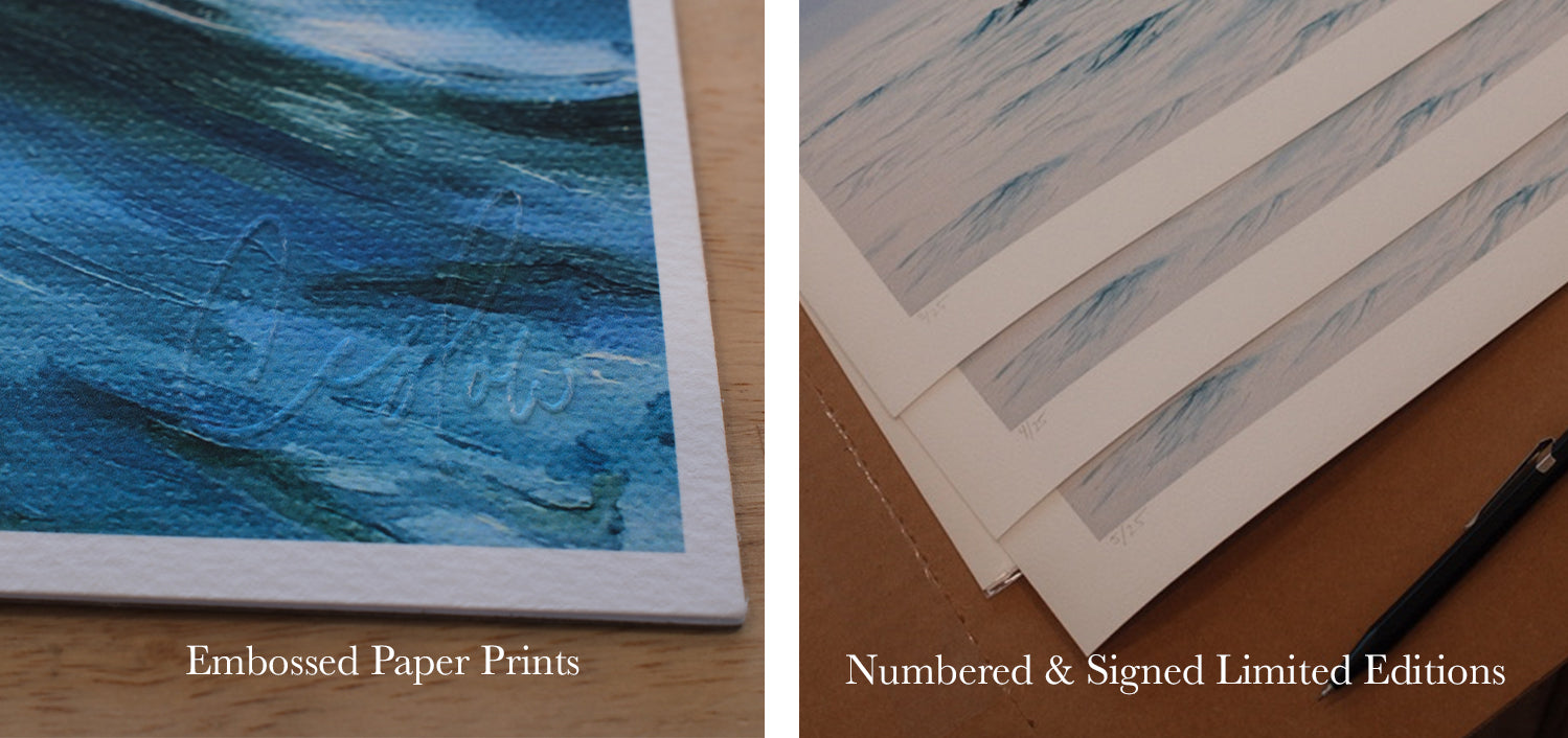 Comparison of embossed open edition paper prints and signed, numbered limited edition ocean art prints by Candace Ceslow