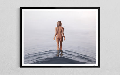 A framed oil paiting art print hanging on a light gray wall. The print shows a nude woman standing in calm water, viewed from behind, with a black frame and white mat border.