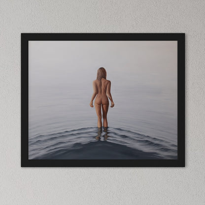 Framed artwork of a nude figure standing in water on a plain wall.