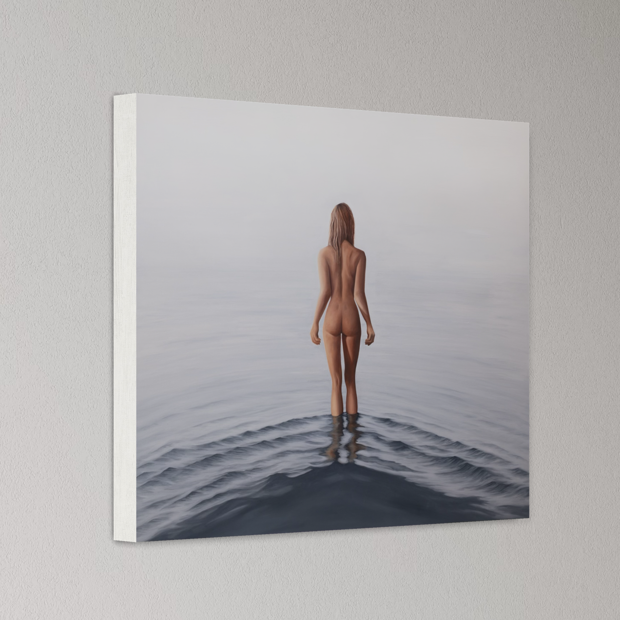 A fine art print depicting a person standing at the edge of a body of water, titled 'Stepping Into Being, II'.