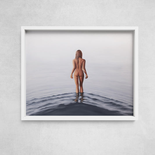 A fine art print depicting a person standing at the edge of a body of water, titled 'Stepping Into Being, II'.