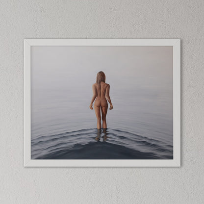 Framed artwork of a nude figure standing in water on a gray wall.