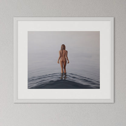 Framed artwork of a nude figure standing in water on a gray wall.