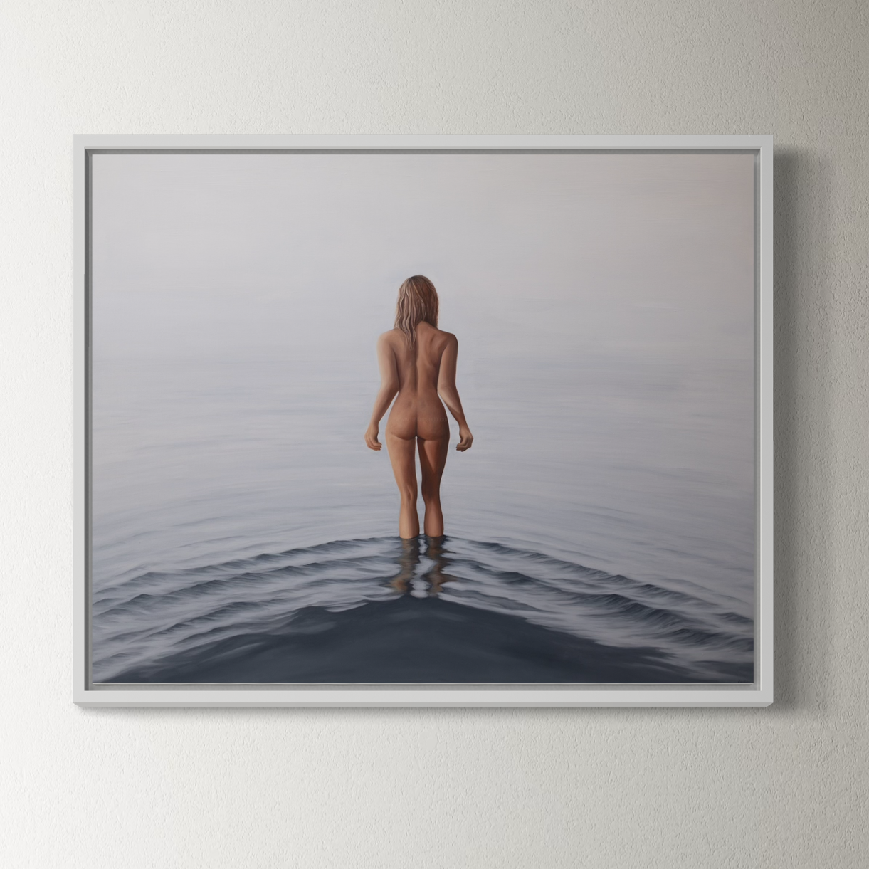 Framed artwork of a nude figure standing in water on a gray background