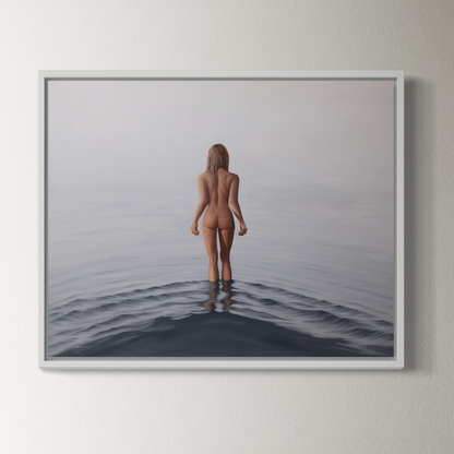 Framed artwork of a nude figure standing in water on a gray background