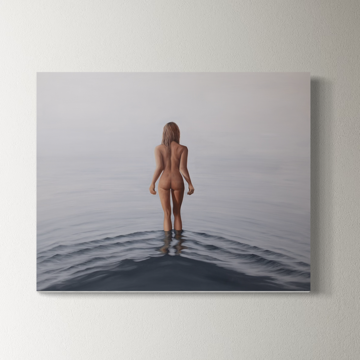 Naked person standing in water on a minimalist white background