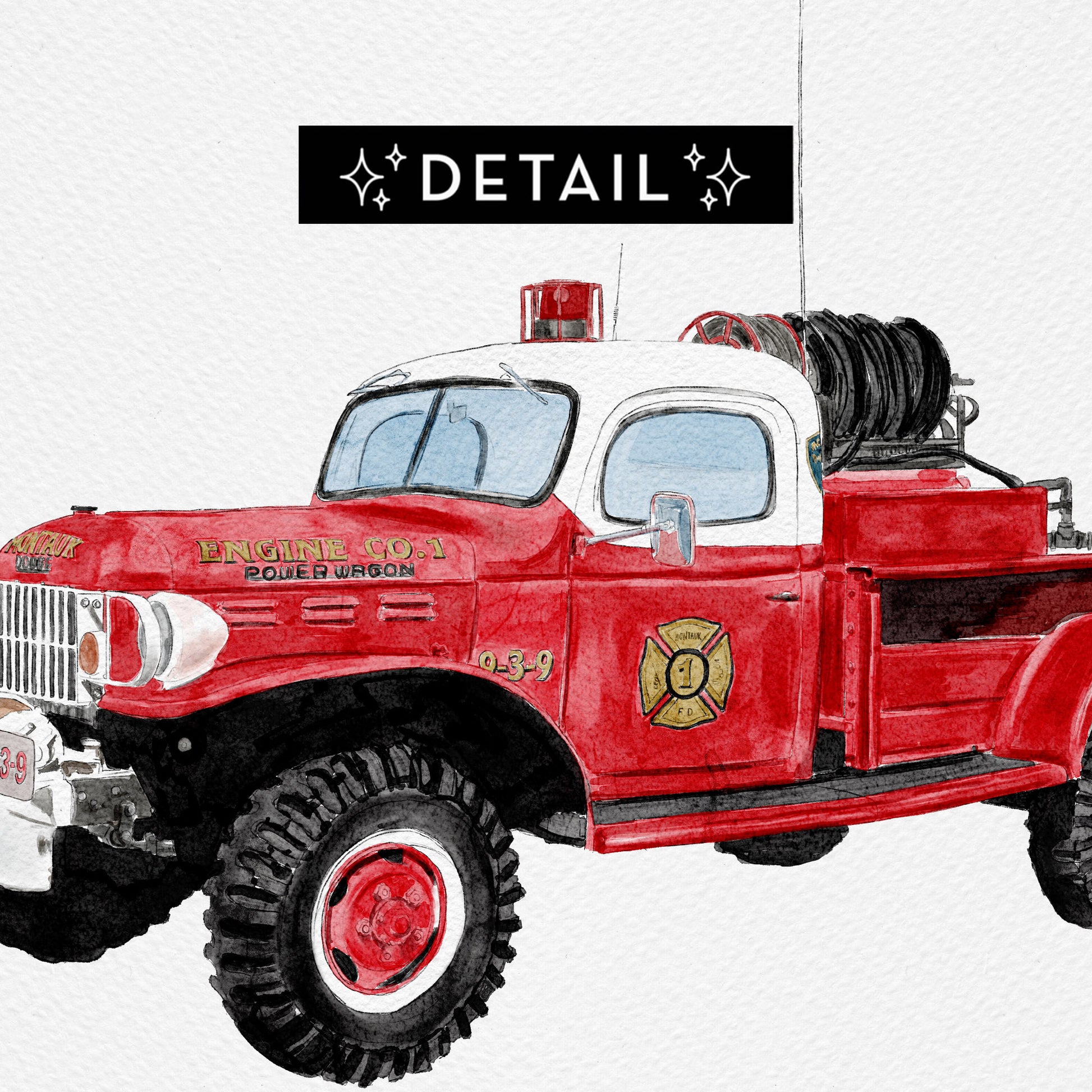 Close-up detail of Montauk Engine Co 1 Power Wagon watercolor-style print showing gold badge and red truck by Candace Ceslow