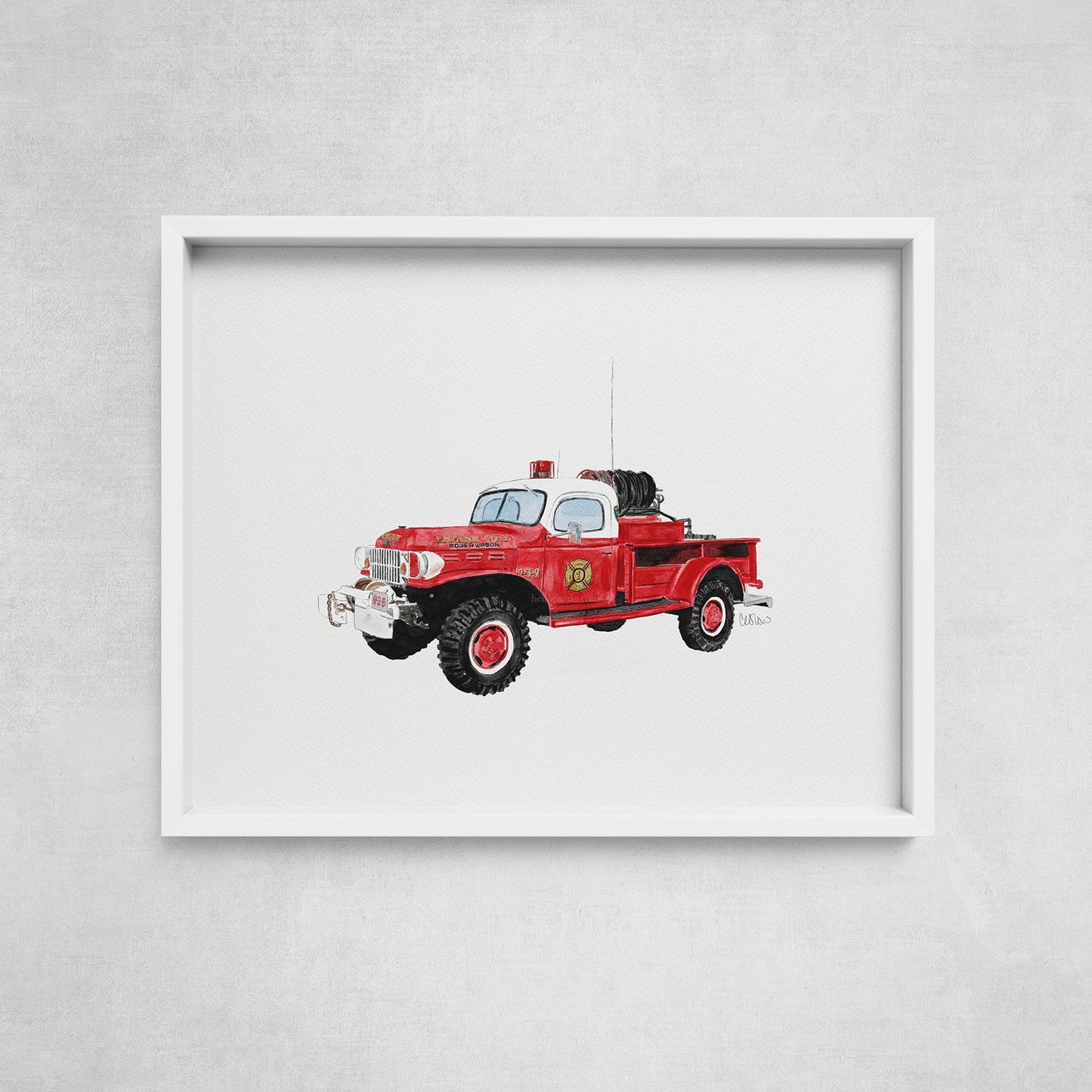 Vintage Montauk fire truck watercolor-style illustration in white gallery frame by Candace Ceslow