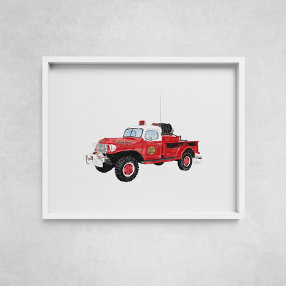 Vintage Montauk fire truck watercolor-style illustration in white gallery frame by Candace Ceslow