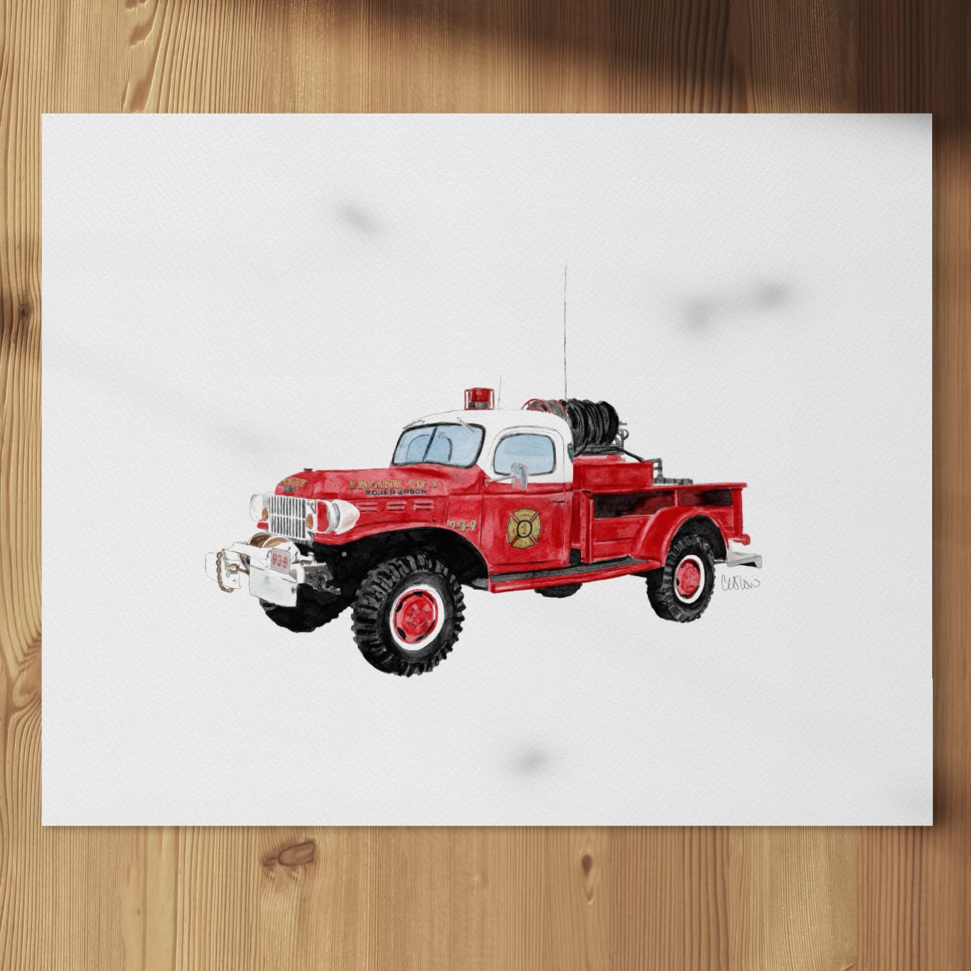 Vintage Montauk Engine Co 1 Power Wagon watercolor-style print on wood background by Candace Ceslow