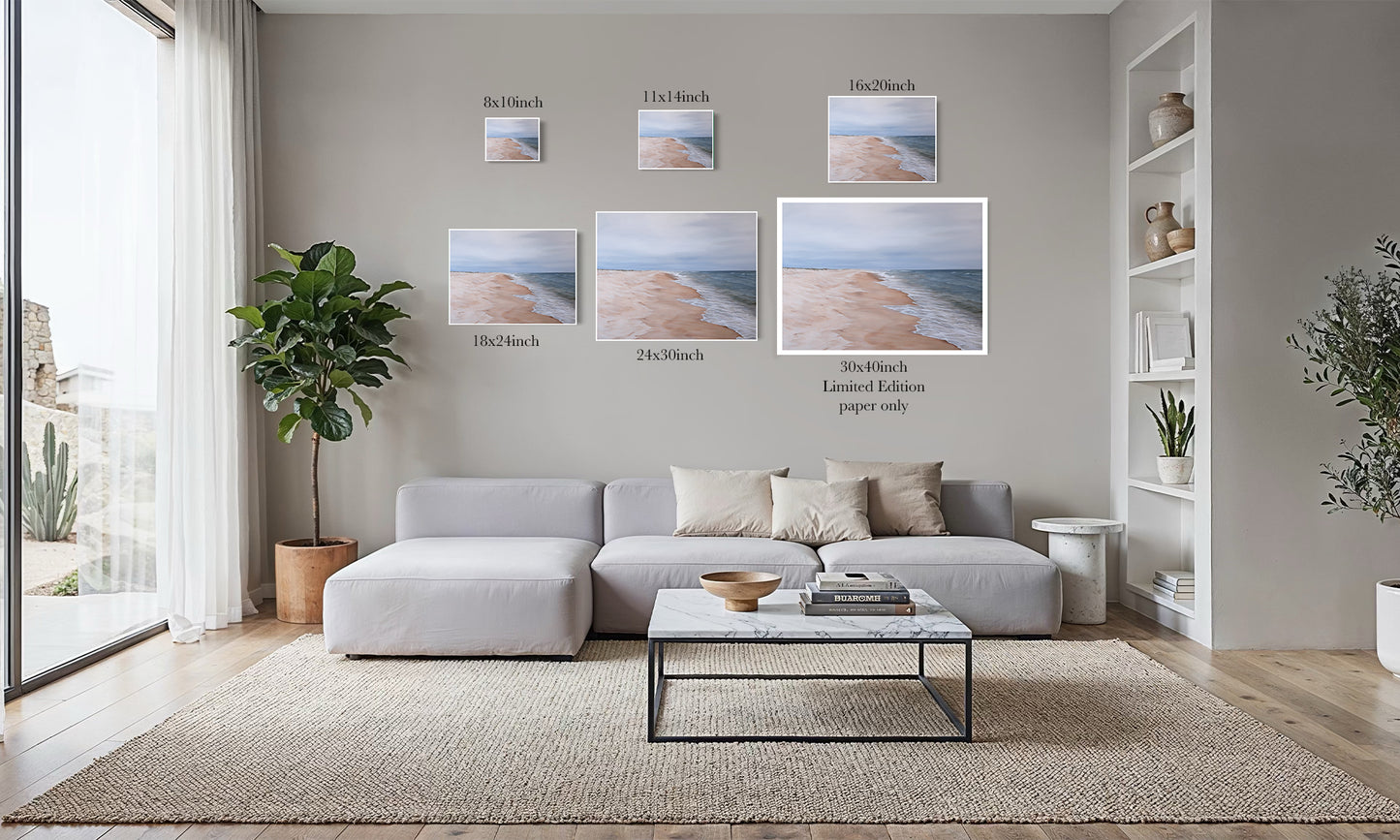 Wandering Tide beach shoreline art print size comparison chart from 8x10 to 30x40 inch limited edition, shown in a living room