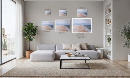 Wandering Tide beach shoreline art print size comparison chart from 8x10 to 30x40 inch limited edition, shown in a living room