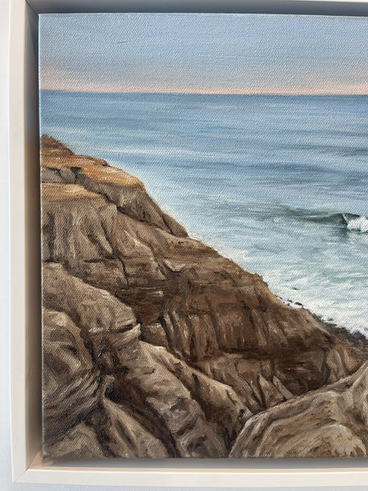 Close-up detail of Camp Hero rocky bluffs and Atlantic Ocean in original oil painting by Candace Ceslow