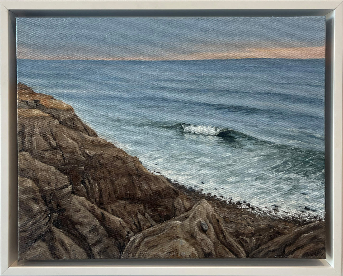 Camp Hero Montauk oil painting of rocky bluffs and ocean at dusk by Candace Ceslow