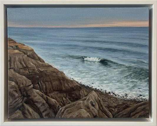Camp Hero Montauk oil painting of rocky bluffs and ocean at dusk by Candace Ceslow