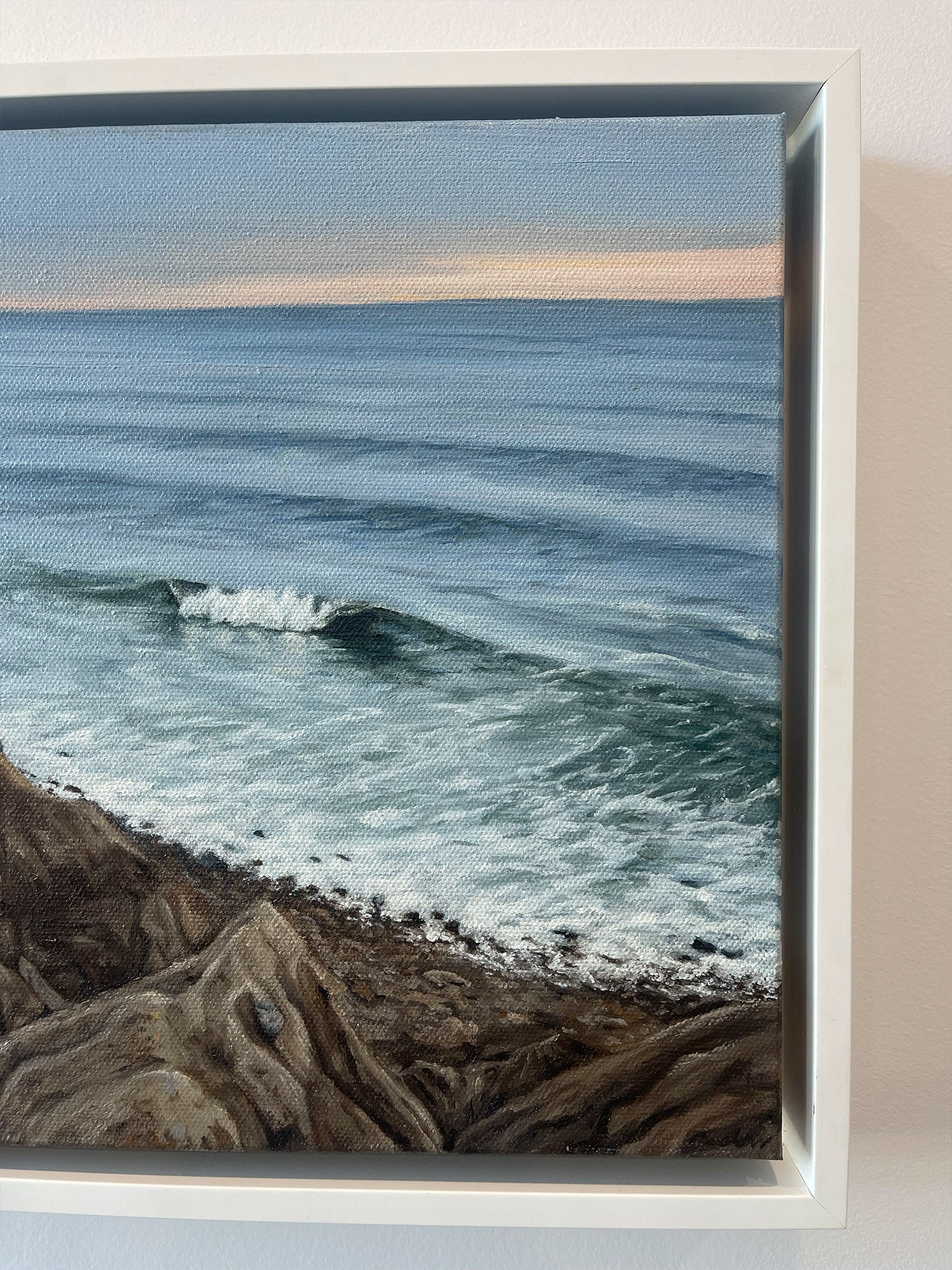 Detail of white floater frame on original Montauk coastal oil painting by Candace Ceslow