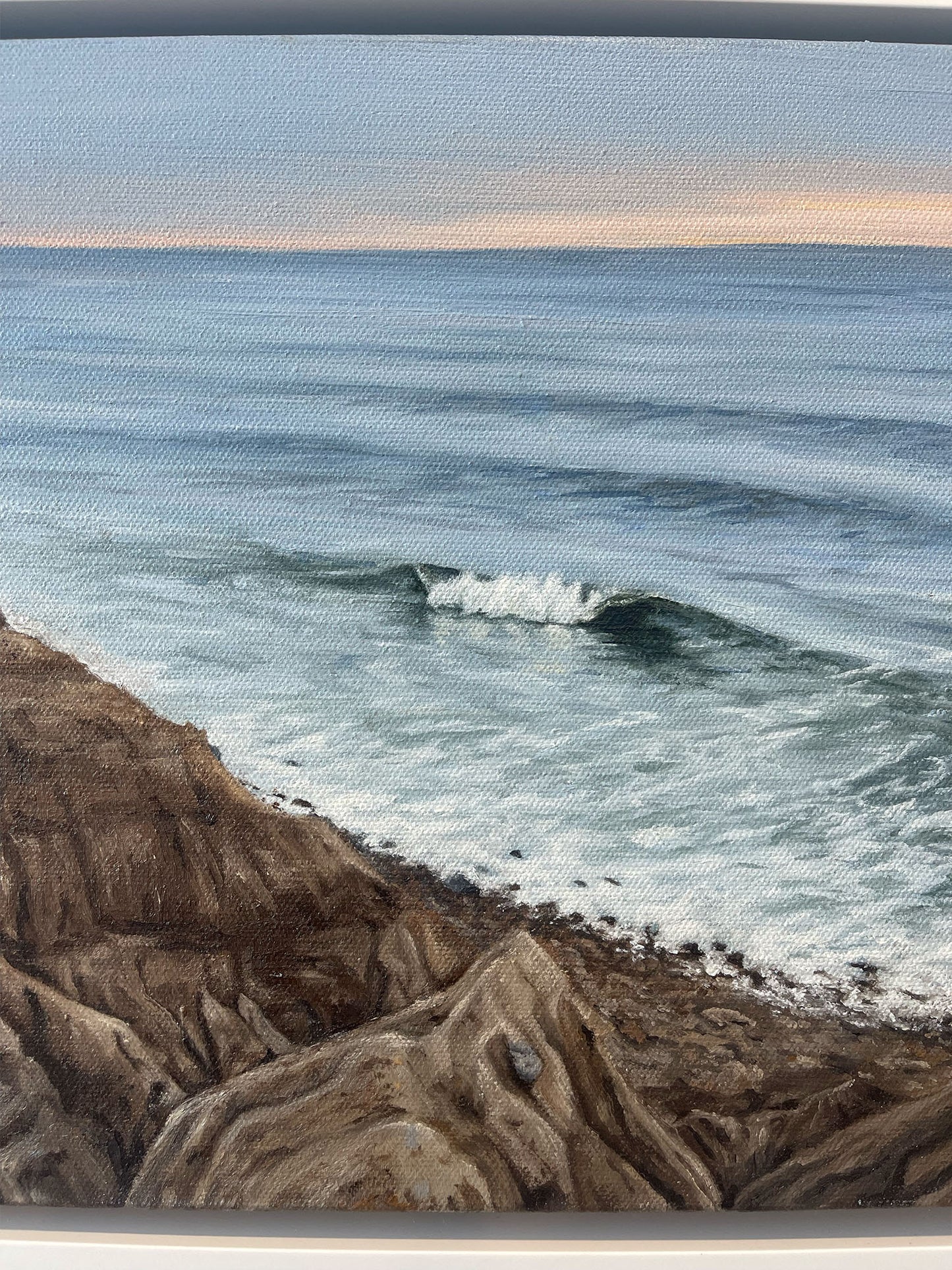 Detail of rocky Montauk bluffs in original oil painting We're Not Alone by Candace Ceslow