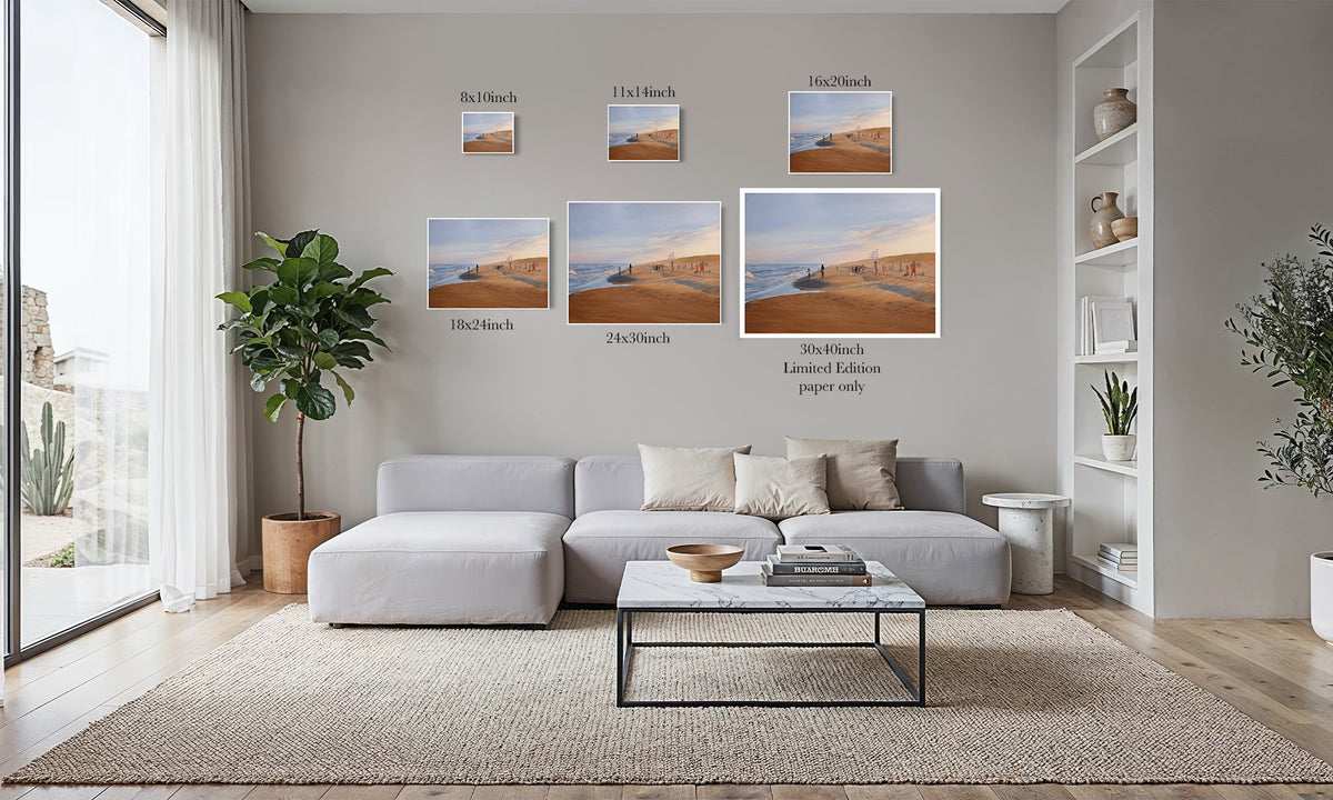 Where The Light Lingers sunset beach art print size comparison chart from 8x10 to 30x40 inch limited edition, shown in a living room